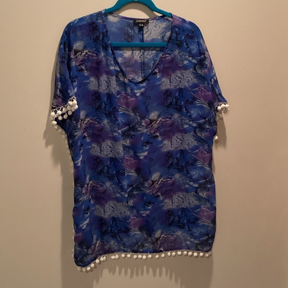 Chic Blue and Purple Sheer Coverup with Pom-Pom Trim